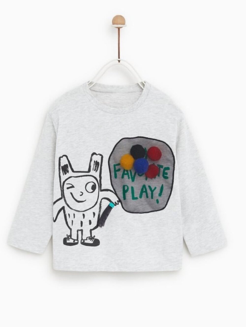 Zara Grey Long-Sleeve Tee with Colorful Pom Monster Balloon 6-9 Month Shirt